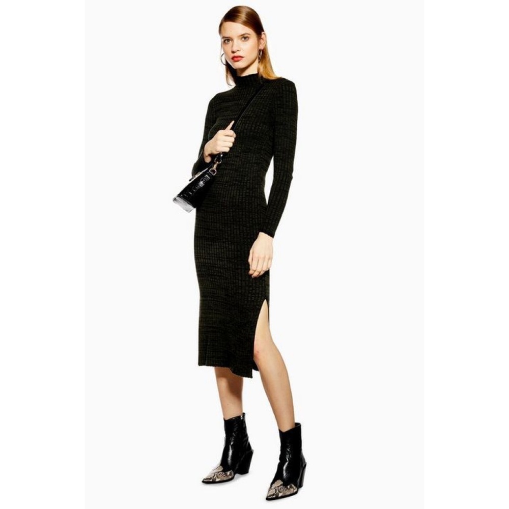 NWOT Black/Green Knitted Topshop Midi Dress 12/L